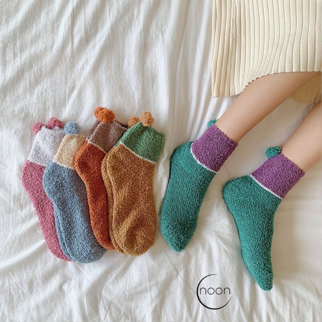 NOON ( yin-yang / 음-양 ) Kaos Kaki Tidur Wanita Korea Tebal Hangat Winter Socks Panjang Sebetis Lucu Anti Slip Korean Bulu Style Polos SMA Yoga Miniso Muslimah Sekolah Olahraga Perempuan Motif Bulu Imut Import Grosir Lusinan Murah