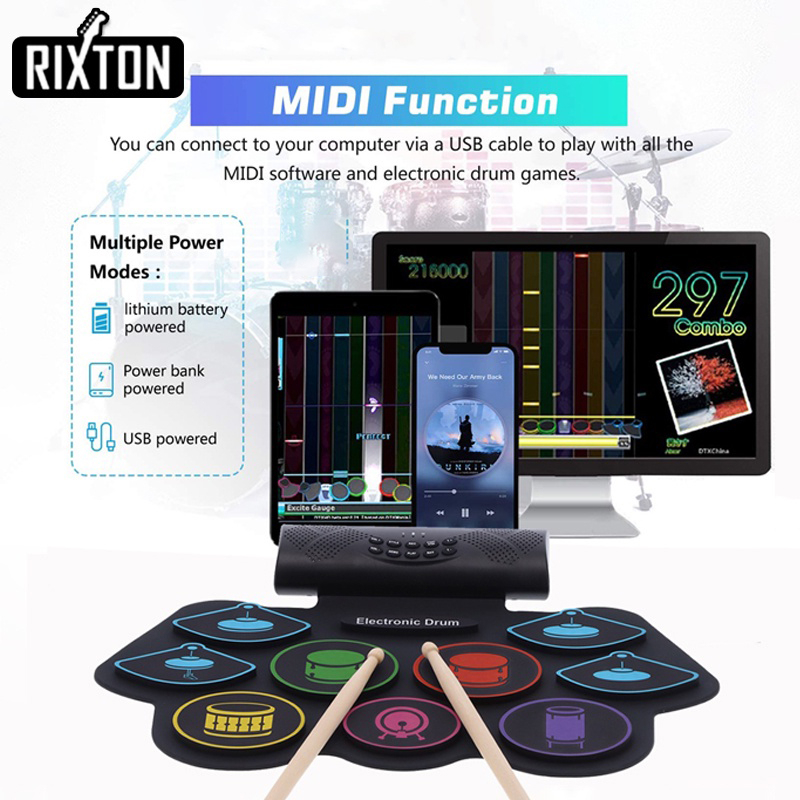 Rixton Electronic Drum Set 9 Pads Bluetooth Roll-Up Digital Drum Built-in Dual Speaker With MIDI Function