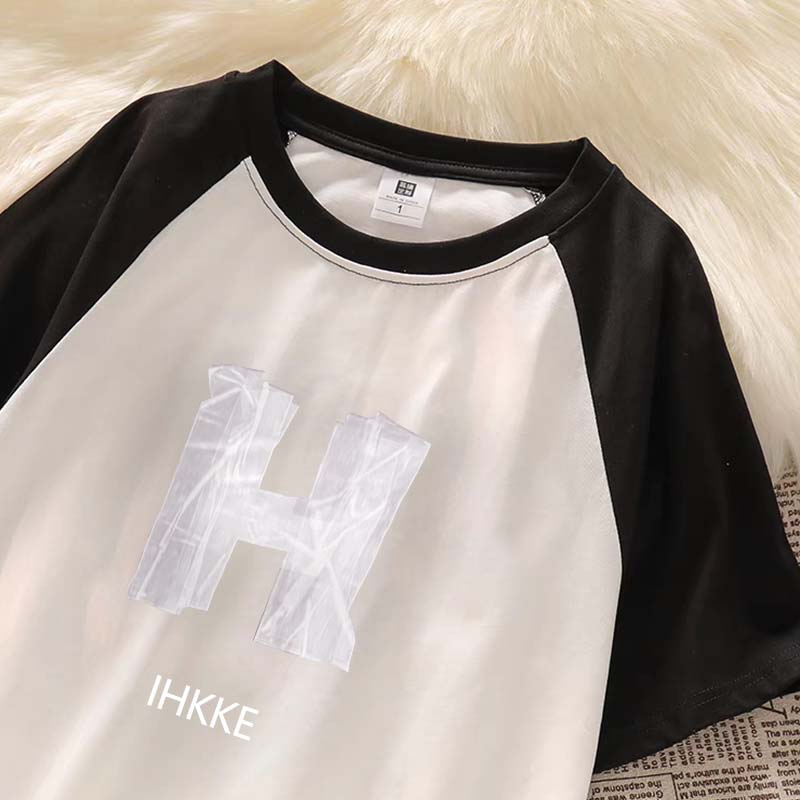 Raglan T Shirt Letter H Kaos Retro Oversize Wanita Atasan Korean Ootd Kaos Wanita Lengan Pendek