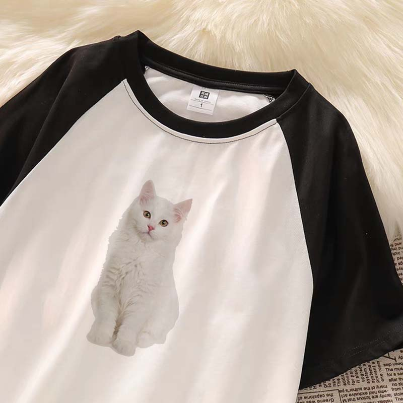 Raglan T Shirt White Cat Baju baju wanita korea Oversize Wanita Atasan Wanita Slimfit