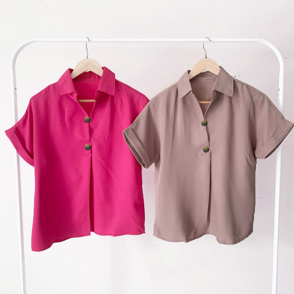 Pakaian Wanita Atasan Kemeja Blouse Casual Lengan Pendek Simpel Korean Bahan Crinkle