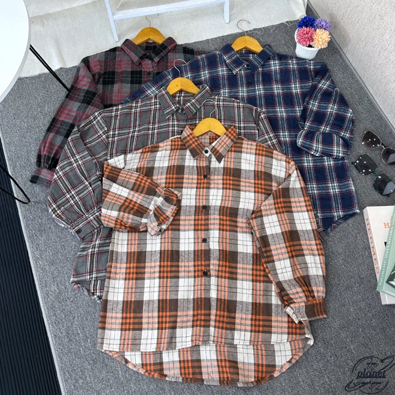 KEMEJA FLANEL WANITA LENGAN PANJANG HIJAB KEMEJA FLANNEL MOTIF KOTAK KOREA KEKINIAN