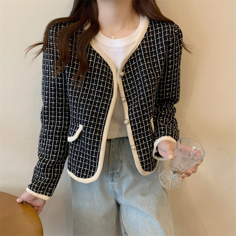 Jaket Wanita Terbaru Korean Style Retro Plaid Jacket Lengan Panjang Crop Top