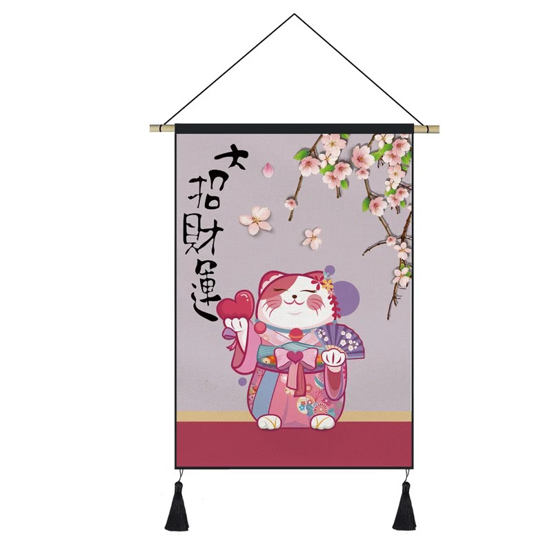 Maneki Neko poster gantung gaya Jepang Kakemono dekorasi rumah ruang tamu latar belakang lukisan seni dinding permadani Anime