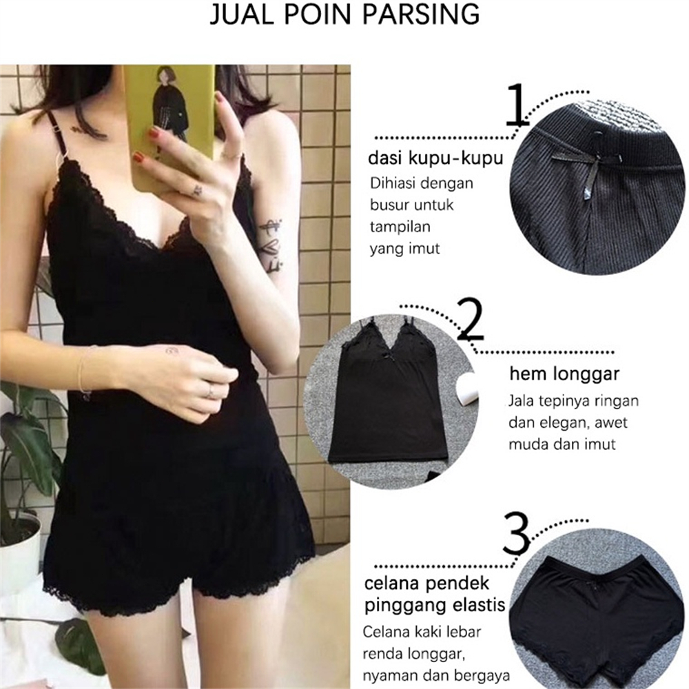 【COD &amp; Barang ready】Setelan piyama tank top atasan + celana pendek hitam set renda piyama wanita atasan &amp; high waist celana pendek