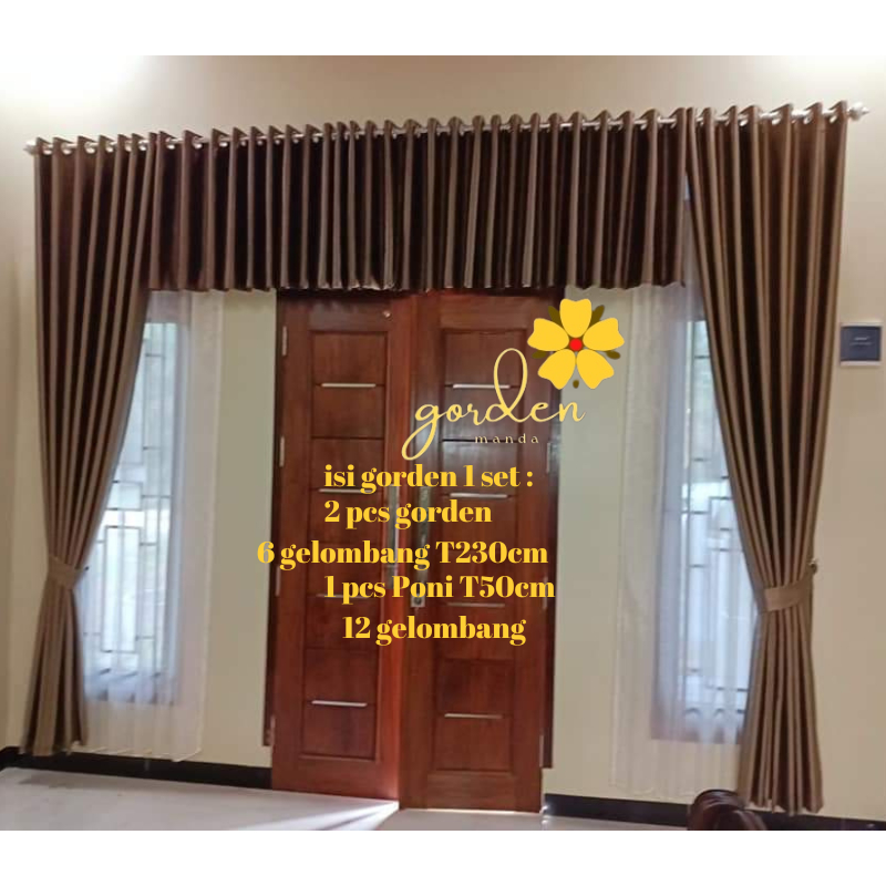 Gorden 1set dan poni buat ruang tamu depan bahan kain blackout import motip polos emboss model ring