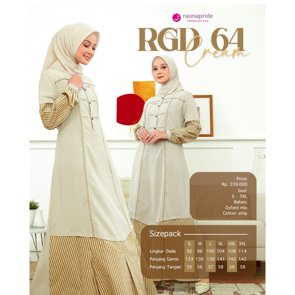 Baju Gamis Dewasa RAUNA/ RGD-64 Cream/ Fashion Muslim