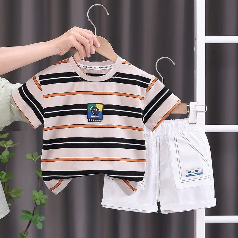 setelan lengan pendek anak lakilaki motif salur garis cream hitam usia 6 bulan - 5 tahun premium import