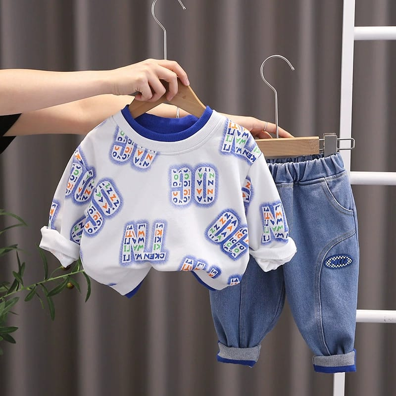 setelan baju anak lakilaki usia 6 bulan - 5 tahun warna biru putih keren premium import ala korea