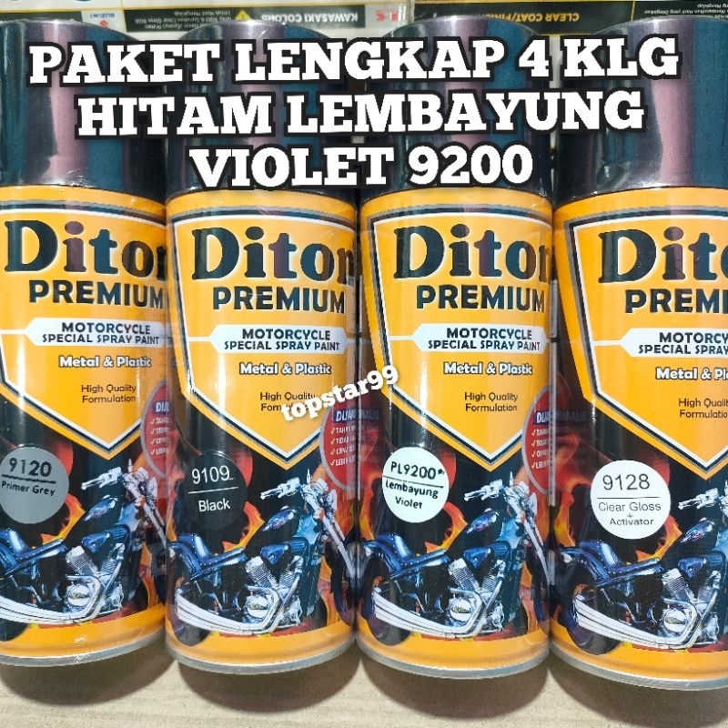 Diton Premium Paket Lengkap 4 Kaleng 400cc Hitam Lembayung Violet Ungu 9200 Primer Grey 9120 Black 9109 Clear Glossy 9128 Pilox Pilok Cat Semprot Spray Paint