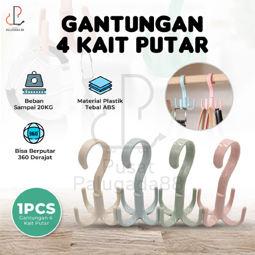 Gantungan 4 Kait Putar 360° Cantelan Pakaian Sepatu Dasi Tas Serbaguna Hanger 4 Hook Lemari Dapur Jemur Baju Syal Handuk