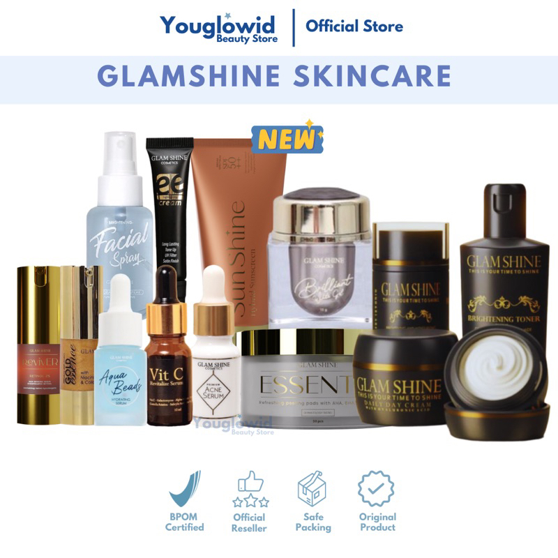 【Official Agent】GLAMSHINE SKINCARE Paket Wajah Gold Series Serum Wajah Acne Gold Essence Aquabeads Vitamin C Reviver Retinol EE Cream Face Spray Briliant Gel Peeling Pad Sunscreen Whitening Glowing Kusam Jerawat Flek Hitam Pori Pori Besar Bodycare BPOM