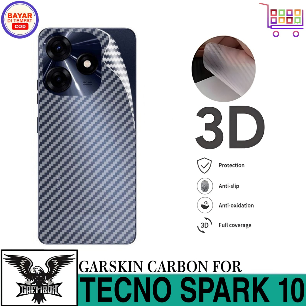 Promo Garskin Carbon TECNO SPARK 10 Skin Handphone Anti Lengket Bekas Lem