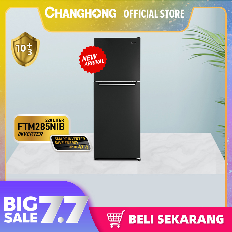 Changhong Kulkas 2 Pintu  (Refrigerator) kulkas Inverter No Frost tanpa Bunga Es Lemari Es Kapasitas 220 Liter FTM285NIB - Black (kulkas anti bunga es) ( kulkas design minimalis) ( kulkas penghematan hingga 47 %) ( Kulkas Tempered Glass)