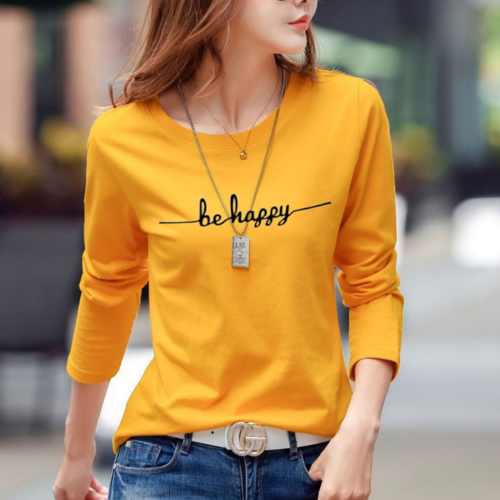 Baju Lengan Panjang wanita BE HAPPY Kaos Distro Keren Baju kekinian/bahan adem