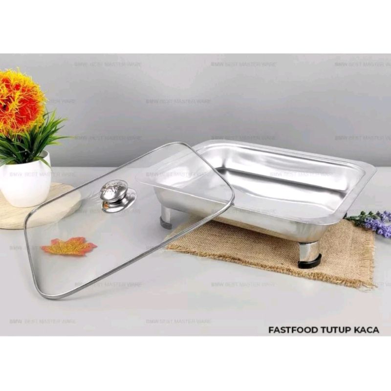 tempat prasmanan stainless full kaca / fastfood wadah saji lauk prasmanan / chafing dish