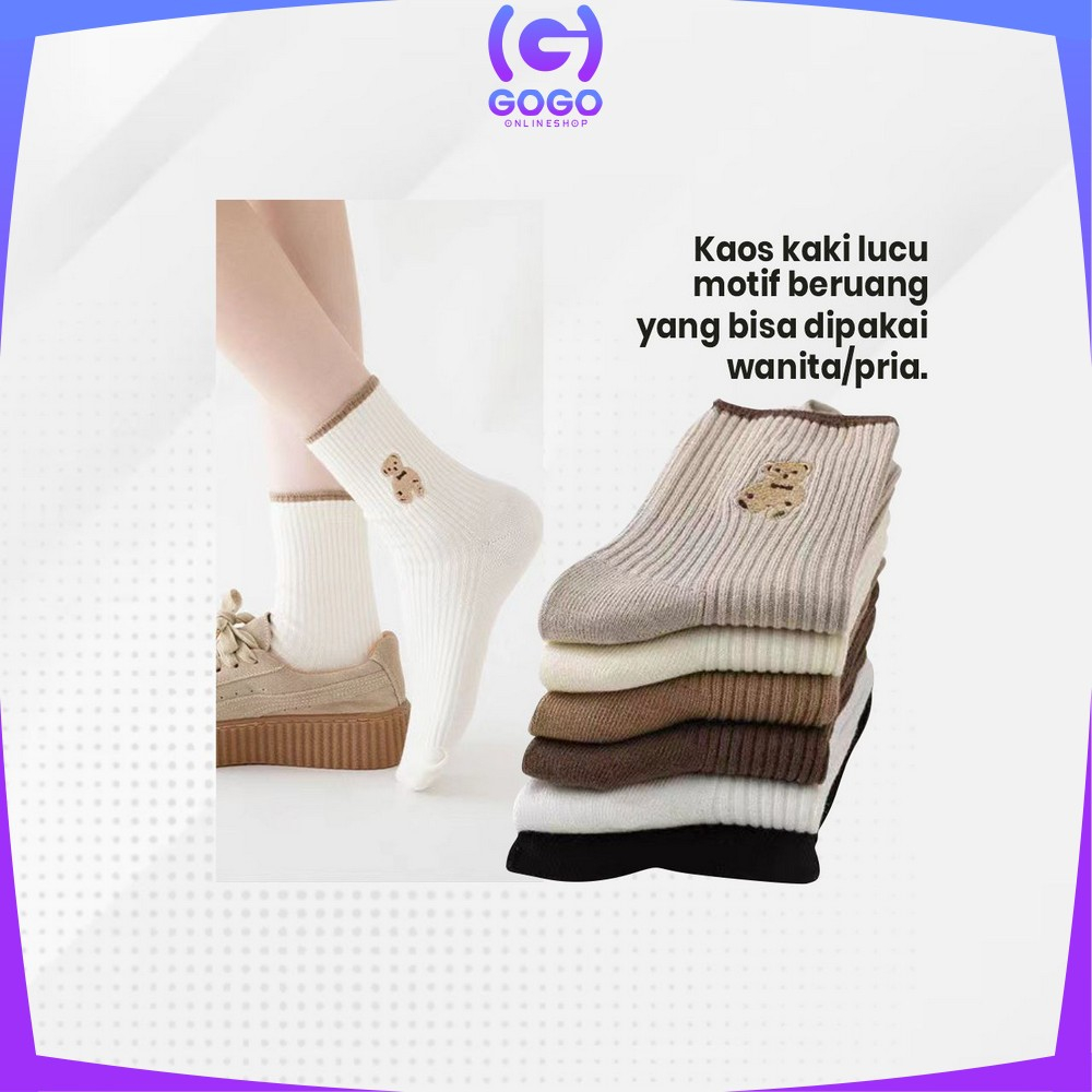 GOGO-P568 Kaos Kaki Wanita Korea Motif Beruang Panjang Setinggi Betis / Kaus Kaki Ankle Karakter Cute Bear Fashion Korean Style Socks