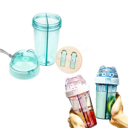 BOTOL MINUM / TEMPAT MINUM ANAK DUET 2 IN 1 + STIKER COUPLE 420 ML LUCU COCOK UNTUK KADO