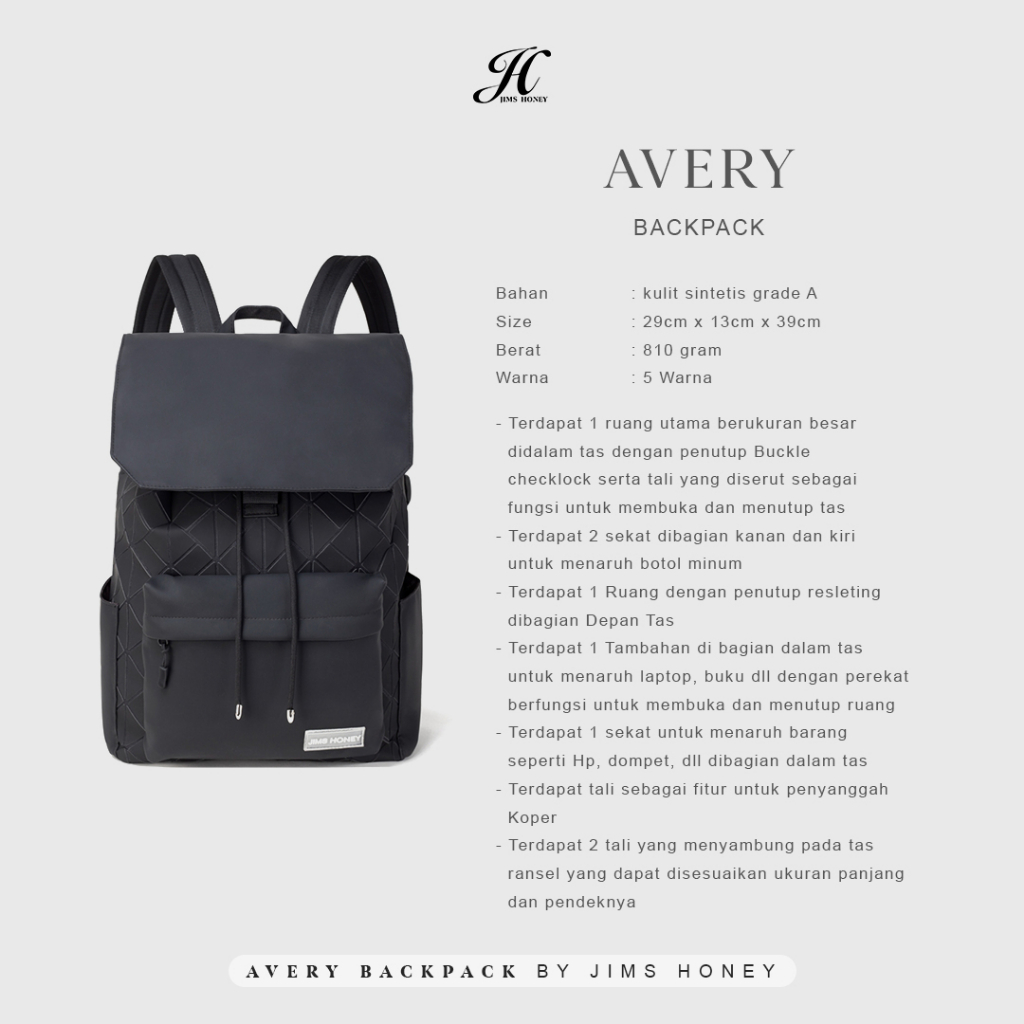 Avery bag tas ransel jims honey laptop unisex wanita pria original realpic anti air exclusive official store