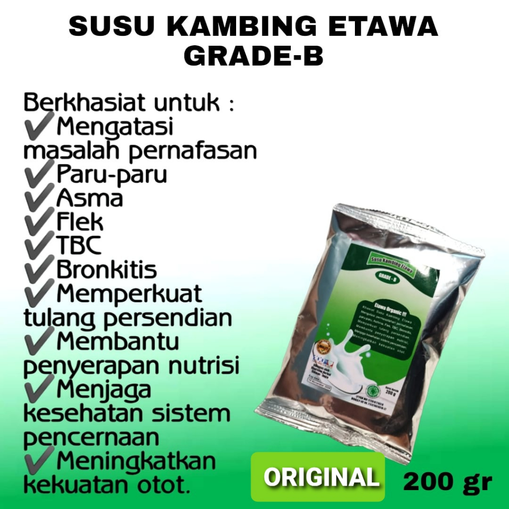 

MURAH SUSU KAMBING ETAWA GRADE B RASA VANILA DAN COKLAT KEMASAN 200GR UNTUK MENGOBATI TBC LAMBUNG ASMA DLL