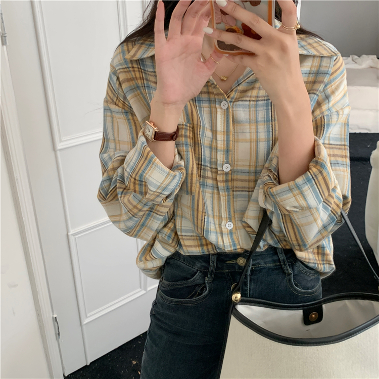 kemeja wanita lengan panjang causual american retro loose plaid shirt blouse wanita kekinian