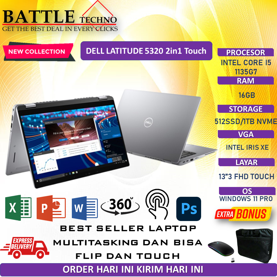 Laptop Kerja Flip Touchscreen Dell Latitude 5320 13 5320 i5 1135G7 16GB 1TB SSD
