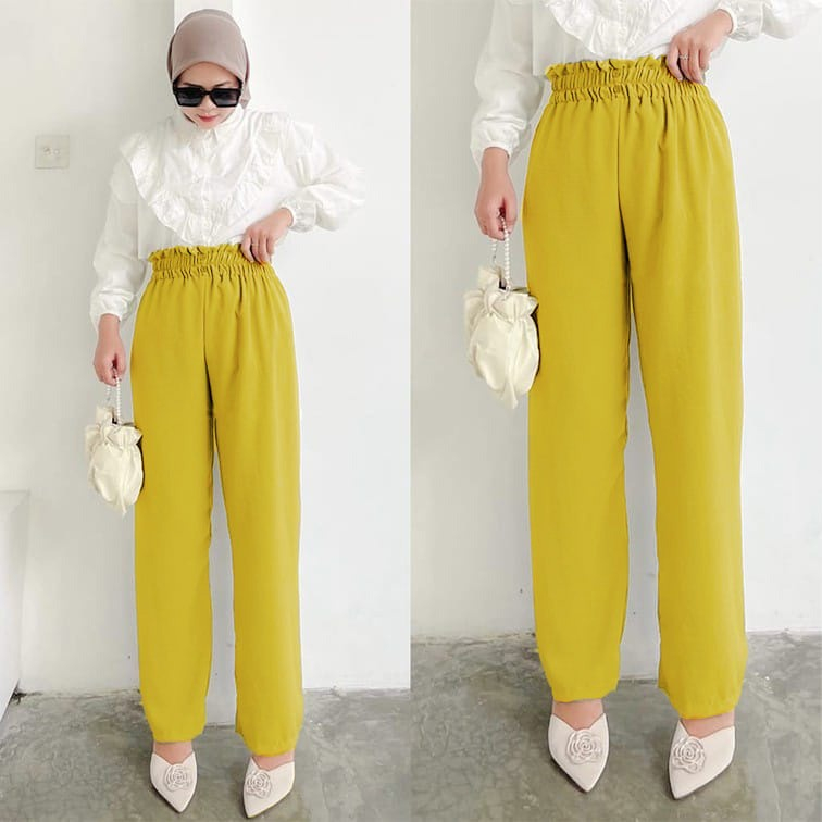 Celana Kulot Crinkle Airflow Variasi 2 Kancing Tengah Flowy Jatuh Premium Highwaist Wanita Loose Cullote Pants 3412