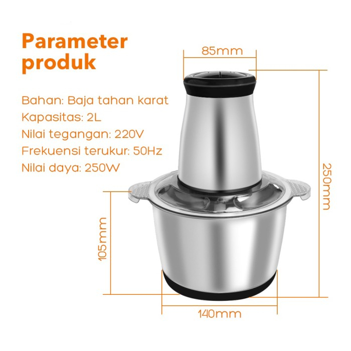 Blender Daging Stainless Steel / Food Chopper Stainles Cooking Penggiling Daging Meat Grinder Coper 2L Bender Stenlis Elektrik Capsule Choper 2 Liter