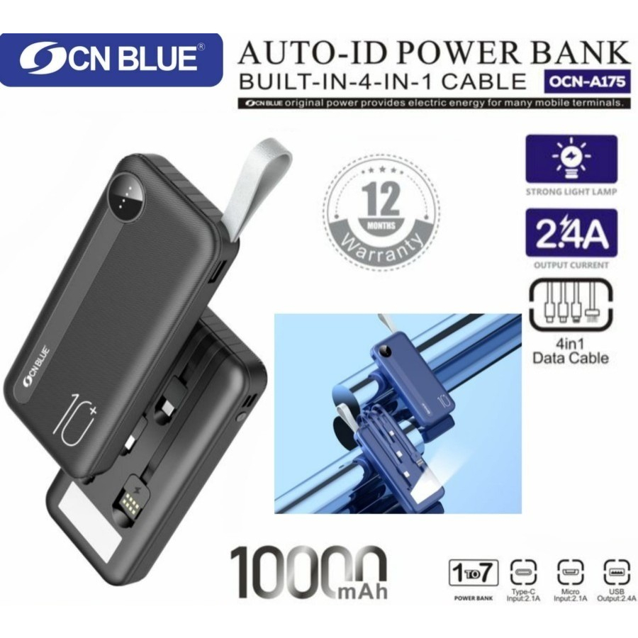 Ocean Blue OCN A175 Power Bank 10000mAh Cable USB 2.4A Micro Type C Powerbank 4 In 1 Portable Fast Charging