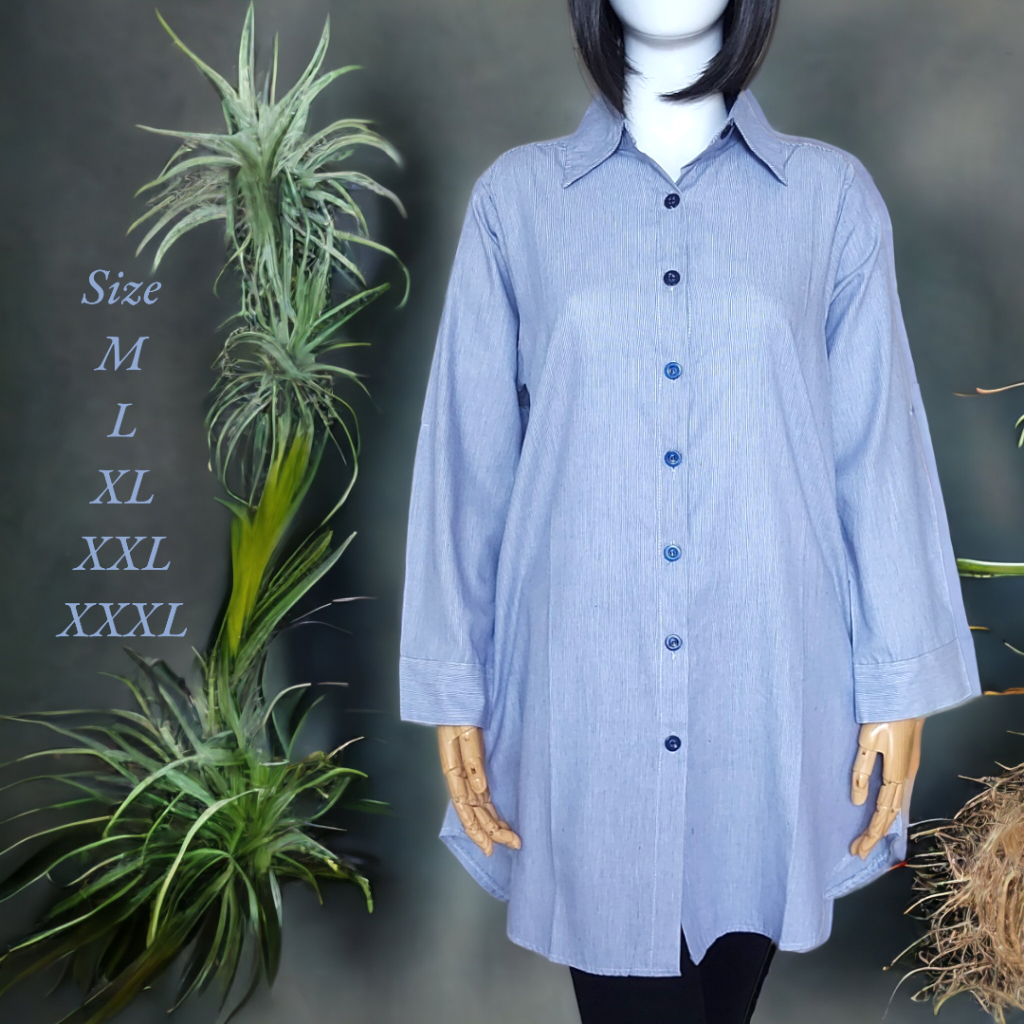 Clachella Baju Tunik Kemeja  Motif Salur Kecil, Baju Atasan Wanita T41B8021