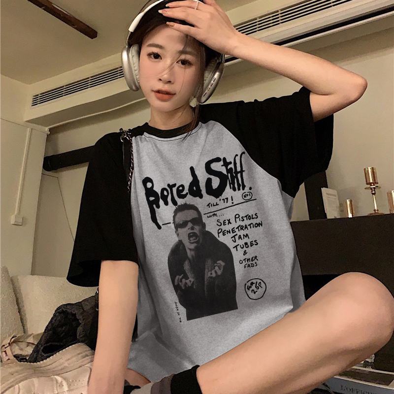 Print T-shirt Kaos Lengan Pendek Retro Rock Boy Printing Oversize Atasan Wanita Korean Style