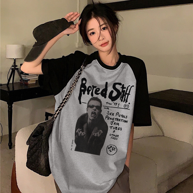 Print T-shirt Kaos Lengan Pendek Retro Rock Boy Printing Oversize Atasan Wanita Korean Style
