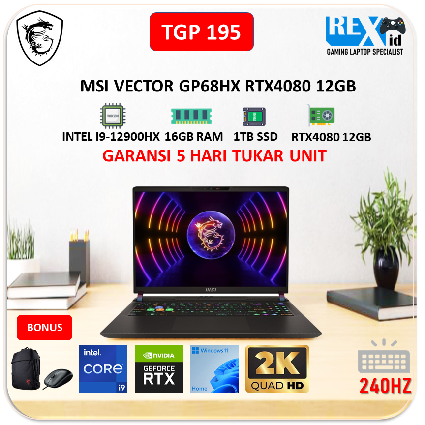 MSI VECTOR GP68HX RTX4080 12GB (i9 12900hx 16gb 1TBssd W11 16.0inch QHD+ 240hz 100DCIP3 PKRGB TGP195)