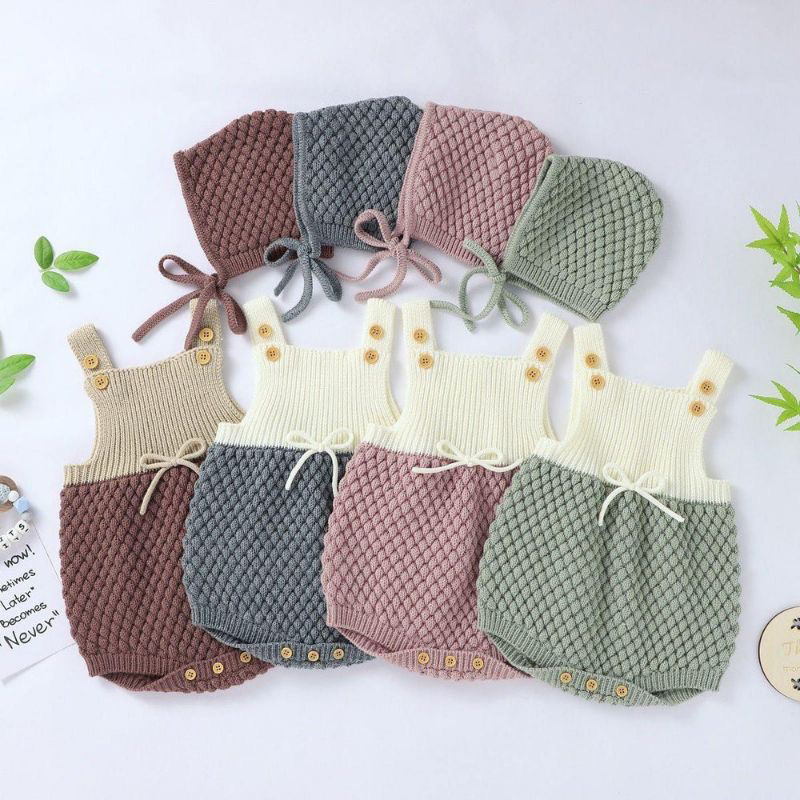 Jumpsuit Romper Baby Newborn 0-9 Bulan Rajut Mikayla Free Kupluk Import Premium