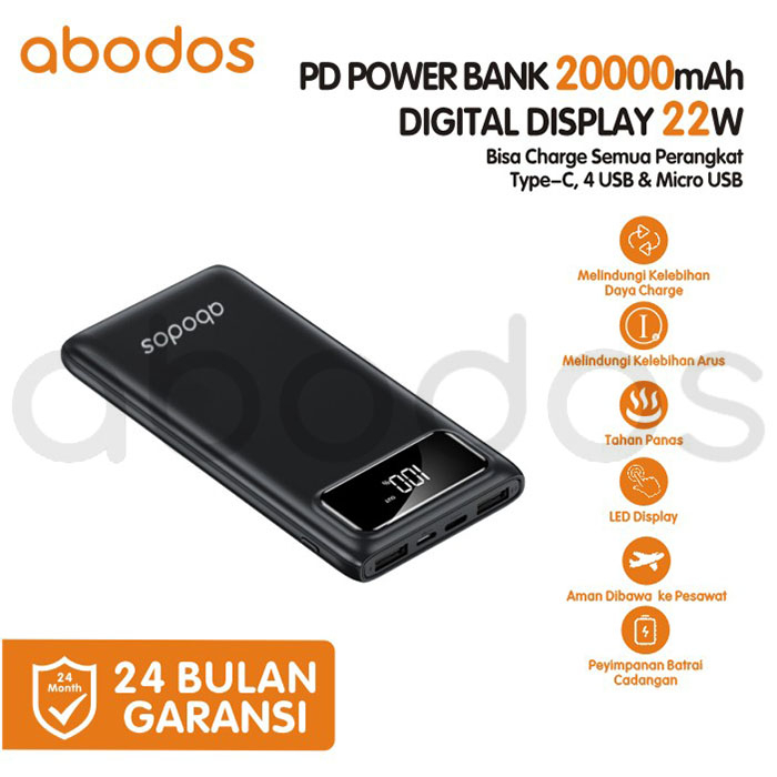 Abodos Power Bank 20000  mAh Melindungi Kelebihan Arus Pada Daya