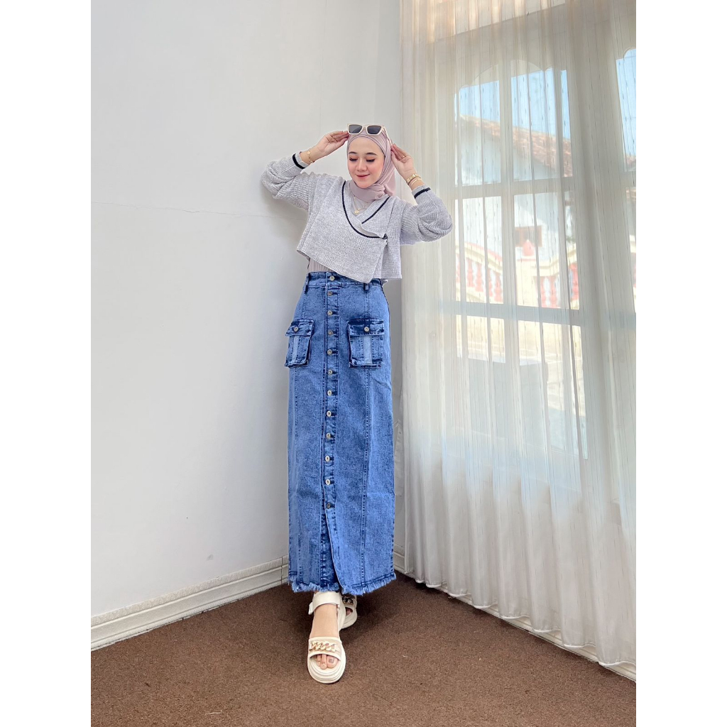 Rok Jeans Panjang Wanita Rok Jeans Streetch Terlaris Rok Jins Streetch Kancing 12 Terbaru