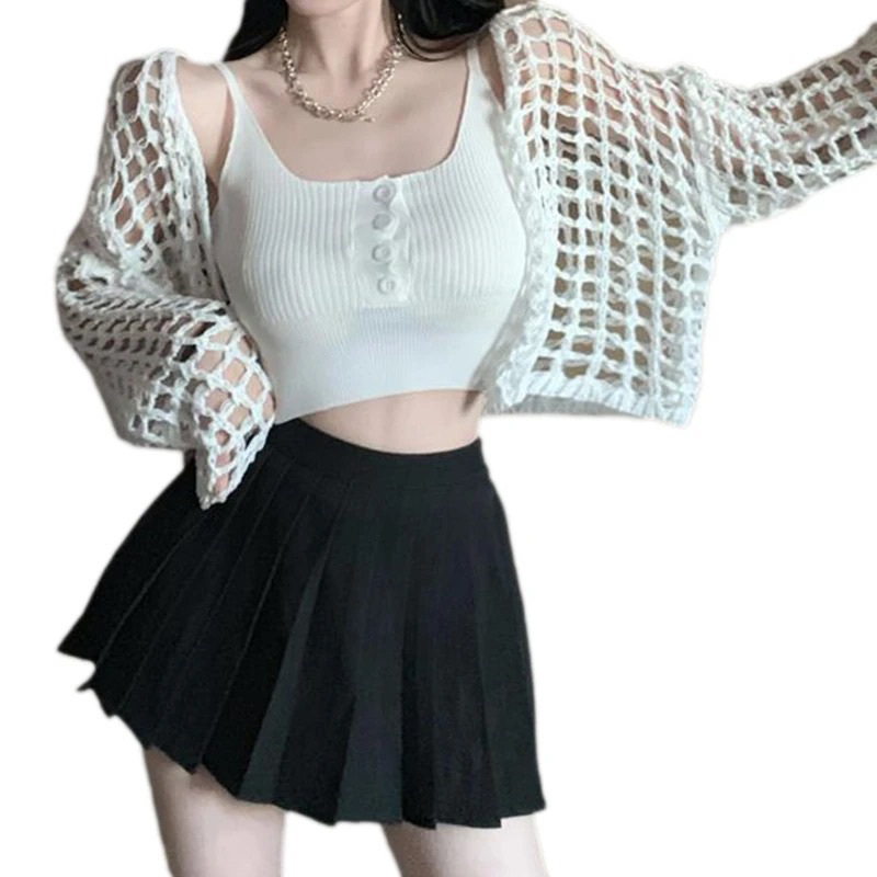 JESLYN Atasan Crop Jaring Rajut Sweater Wanita korea