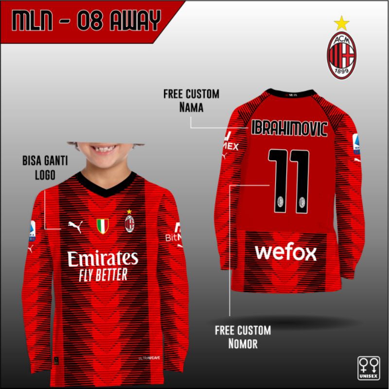 Jersey tim AC MILAN baju kaos bola anak tim AC MILAN AWAY lengan panjang