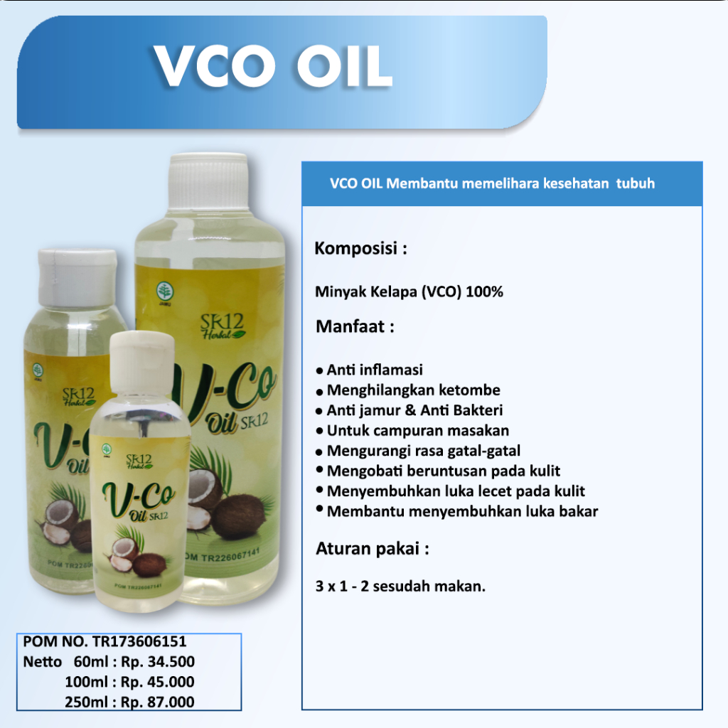 VCO OIL SR12 ORIGINAL MINYAK KELAPA MURNI / MINYAK V-CO ASLI / MINYAK VCO UNTUK RUAM KULIT, GATAL, KULIT MERAH, IRITASI PADA BAYI / IMUN BOOSTER UNTUK KESEHATAN &amp; DAYA TAHAN TUBUH / MINYAK VCO KUCING / VICO VIRGIN COCONUT OIL 60ml/ 100ml/ 250ml/100 Kapsul