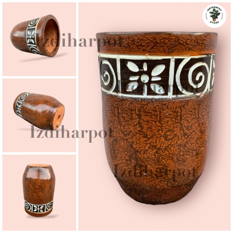 POT BUNGA TANAMAN GERABAH TANAH LIAT KAPSUL TINGGI MOTIF BATIK COKELAT D21 T30 - KAPSUL BATIK COKELAT