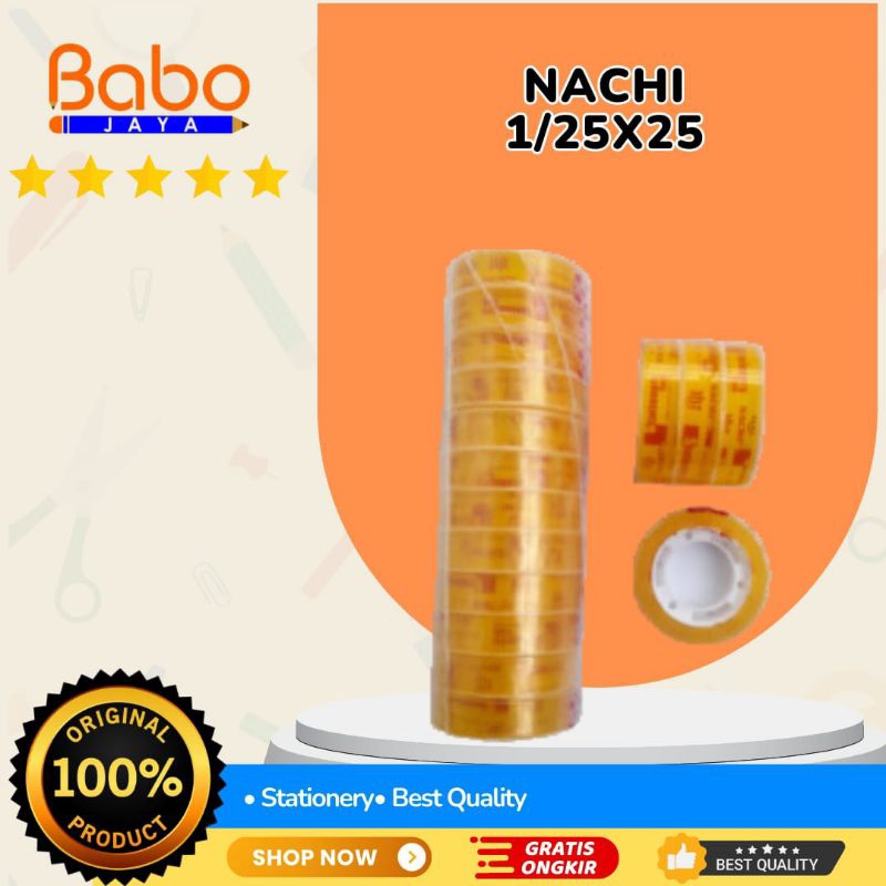 

BABO JAYA Isolasi / Selotip Nachi Tape Ukuran 1/2 x 25 , 12mm x 25 Yard . Mempunyai Perekat Yang Super Lengket