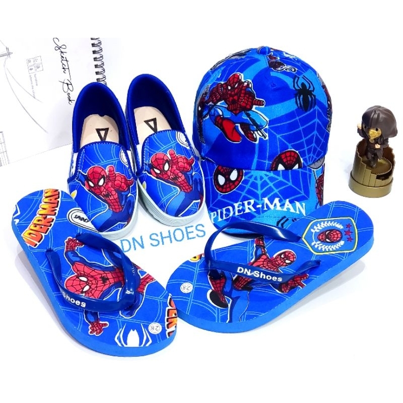 Paket Topi Anak Laki Laki Sandal Anak Cowok Motif Spiderman Biru Keren 1 - 8 tahun