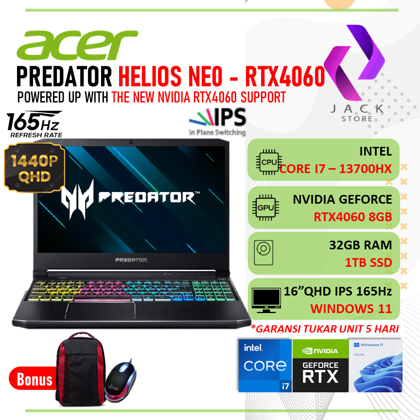 Acer Predator Helios NEO PHN16 RTX4060 Core I7 13700HX 32GB 1TBSSD 16.0QHD IPS 165Hz