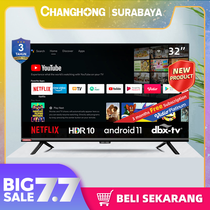 NEW Changhong 32 Inch Android 11 Frameless Smart TV Digital LED TV HD (L32G7N) -Netflix-Youtube Garansi Resmi 3 Thn