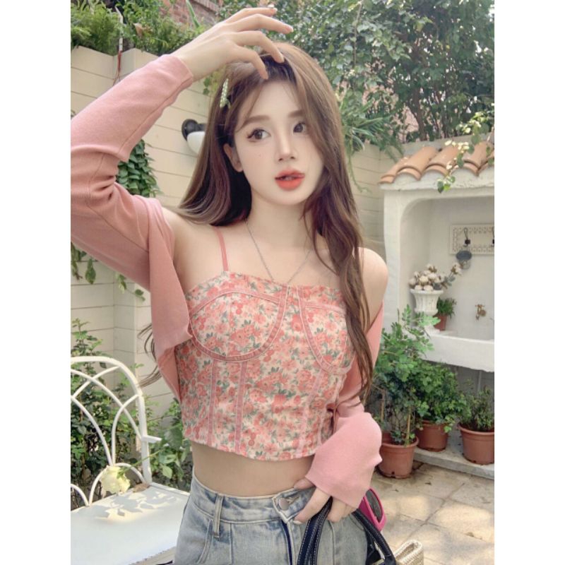 QUEEN SAKURA - Q7044SET - FLORAL TANKTOP SET CARDIGAN IMPORT - SETELAN TANKTOP DAN CARDIGAN RAJUT CA