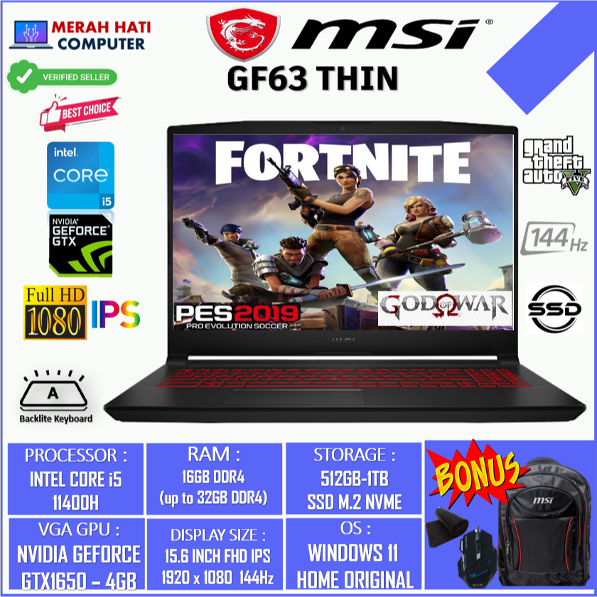 Laptop Gaming Murah MSI GF63 THIN 11UCX INTEL I5 11400H 32GB 1TB SSD RTX2050 4GB FHD BL 144Hz WIN 11 HOME