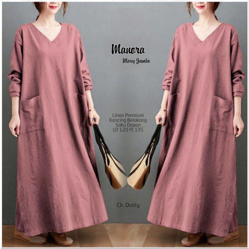 Manora Maxy Dress Korean Style Jumbo Ld120CM Baju Wanita Lengan Panjang Bahan Linen Rami