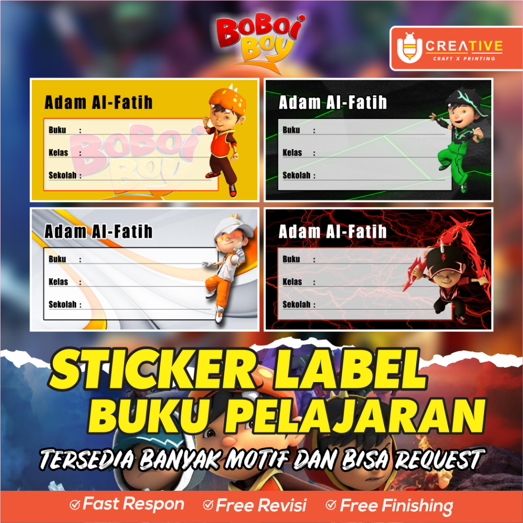 

Sticker / Label Buku Pelajaran Bisa Custom Nama (Isi 20pcs) Tema Boboiboy