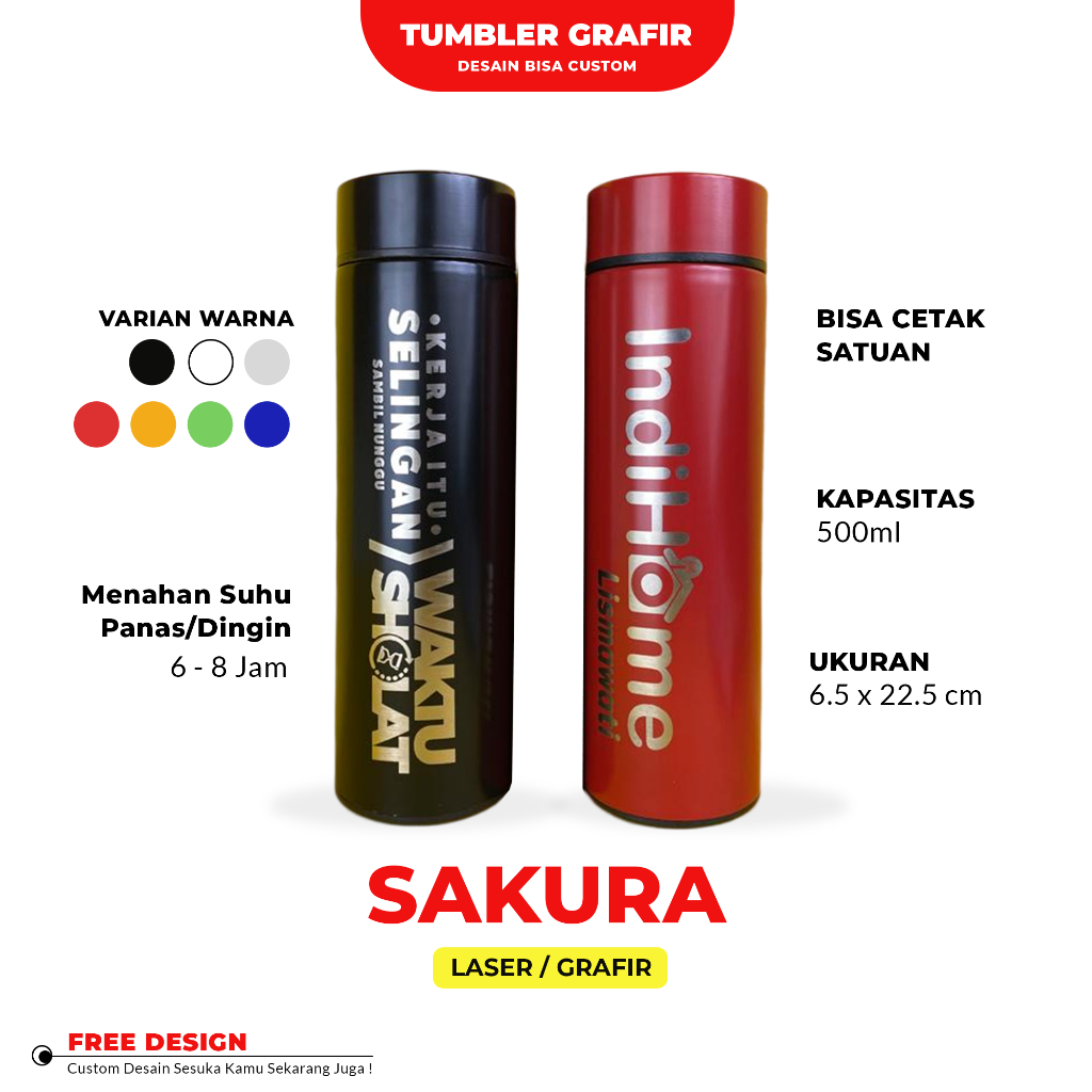 Tumbler Custom Sakura Laser Grafir Nama/Logo/Karakter Souvenir Botol Minum Termos Air Panas Dan Ding