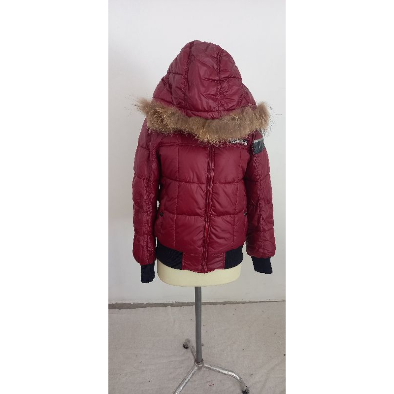 Maroon Fur Hoodie Goose Down Jacket by Ask Enquired